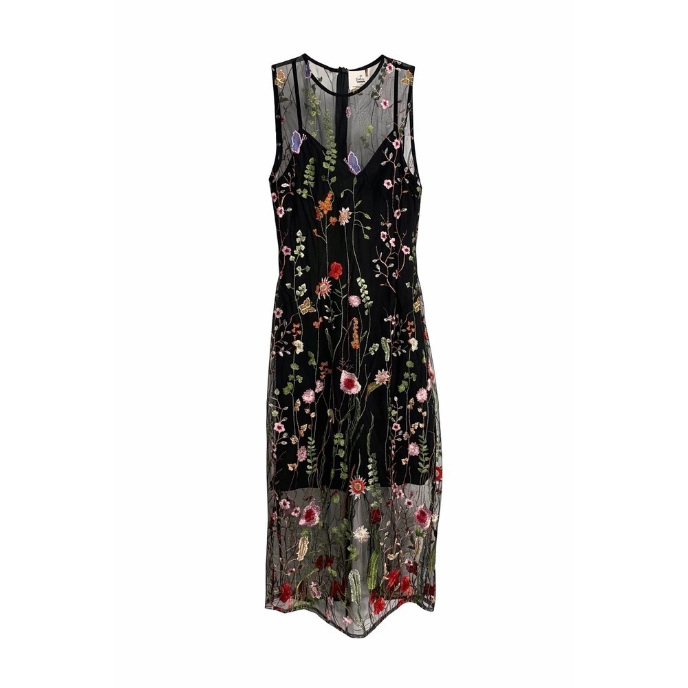 Embroidered Mesh Floral Midi Dress XS Black Sheer Whimsigoth Fairy Grunge XXI
